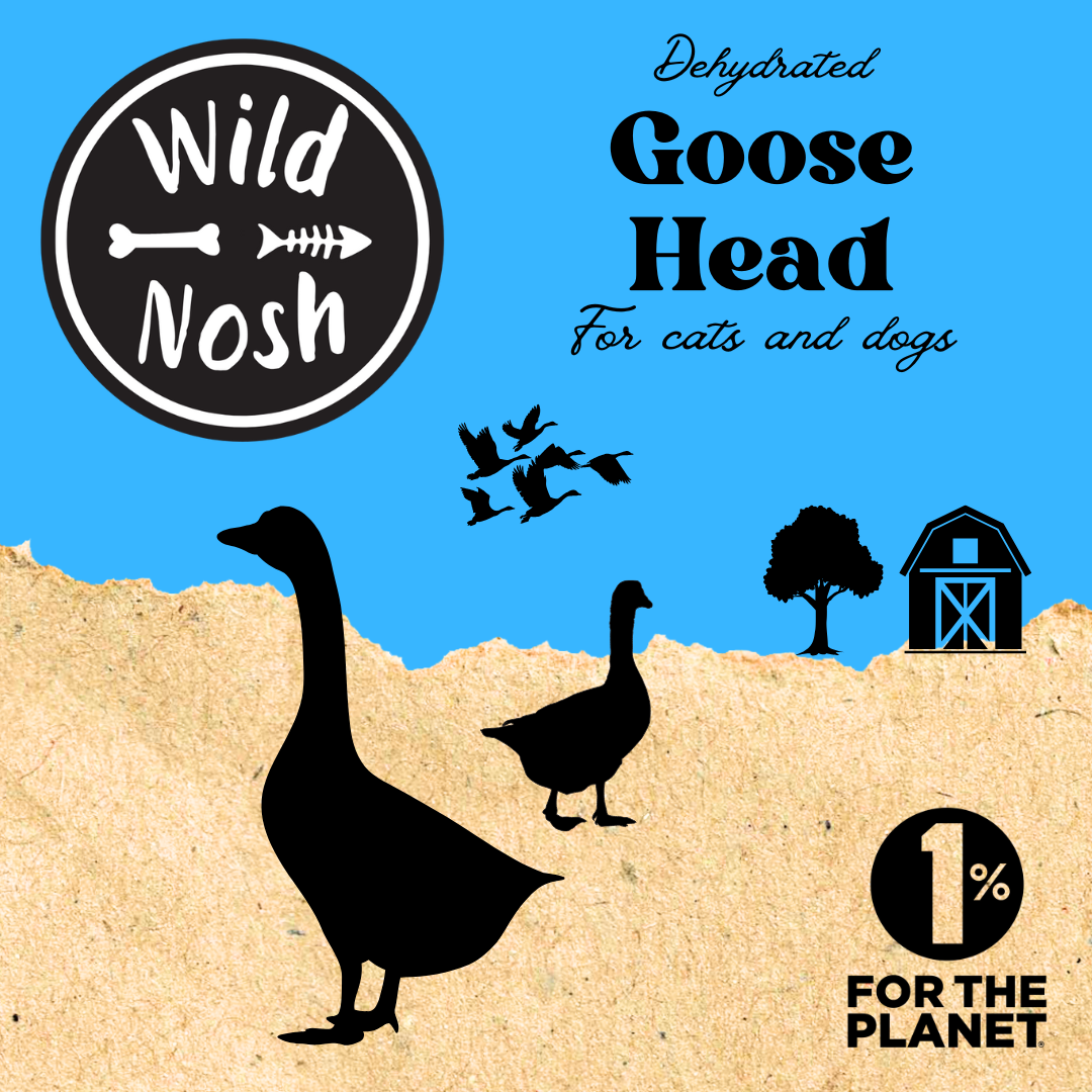 The blue and beige packaging of Wild Nosh Pets' Dehydrated Goose Head displays geese, a barn, and birds with the "1% for the Planet" logo. This cat and dog treat is crunchy, lovingly crafted, and rigorously tested for H5N1 safety.