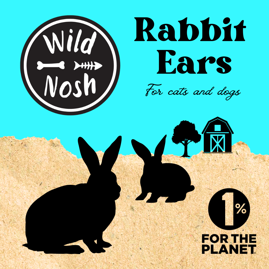 Wild Nosh Pets Rabbit Ears pet treats come in blue and tan packaging with black rabbit silhouettes, a tree, barn graphic, and the "1% for the Planet" logo. These novel protein treats help support your pet’s dental health.