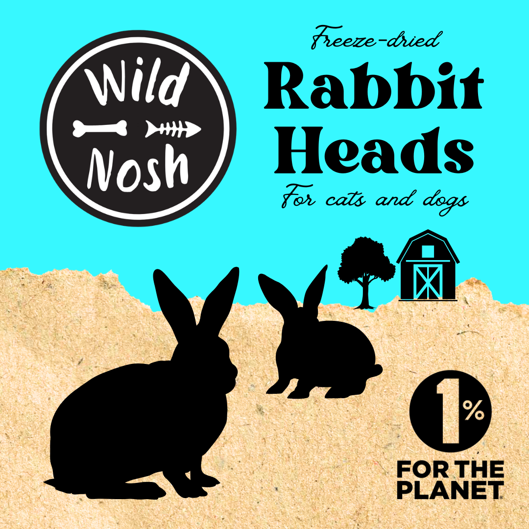 Wild Nosh Pets' Freeze-Dried Rabbit Head packaging features silhouetted rabbits, a tree, and a barn as a chewy delight for cats and dogs. It includes the 1% for the Planet symbol.